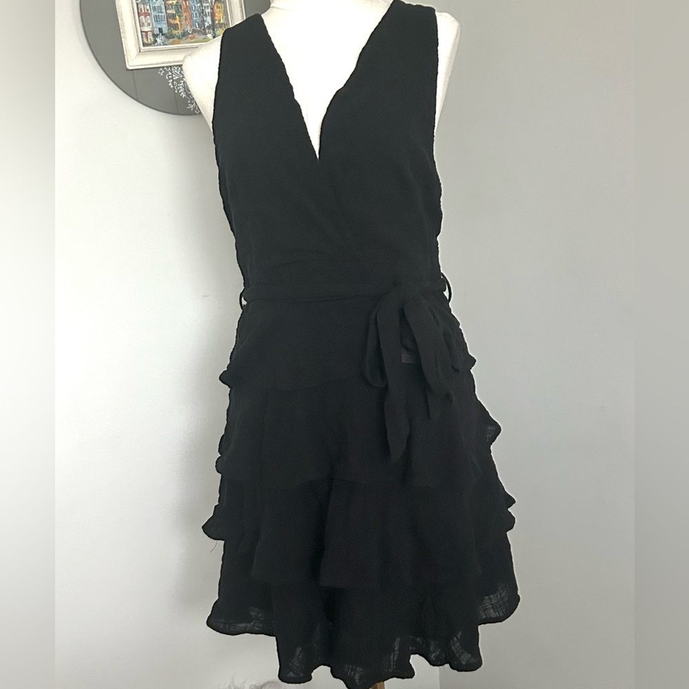 Paisley Womens Mini Dress Black Plunging Crossover V-Neck Waist Tie Tiered Skirt - Picture 2 of 11